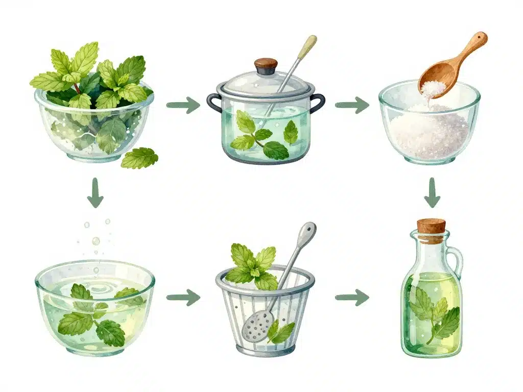 processus préparation sirop de menthe maison illustré