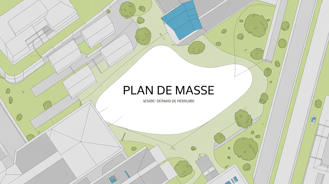 exemple de plan de masse vu du dessus avec titre et éléments principaux