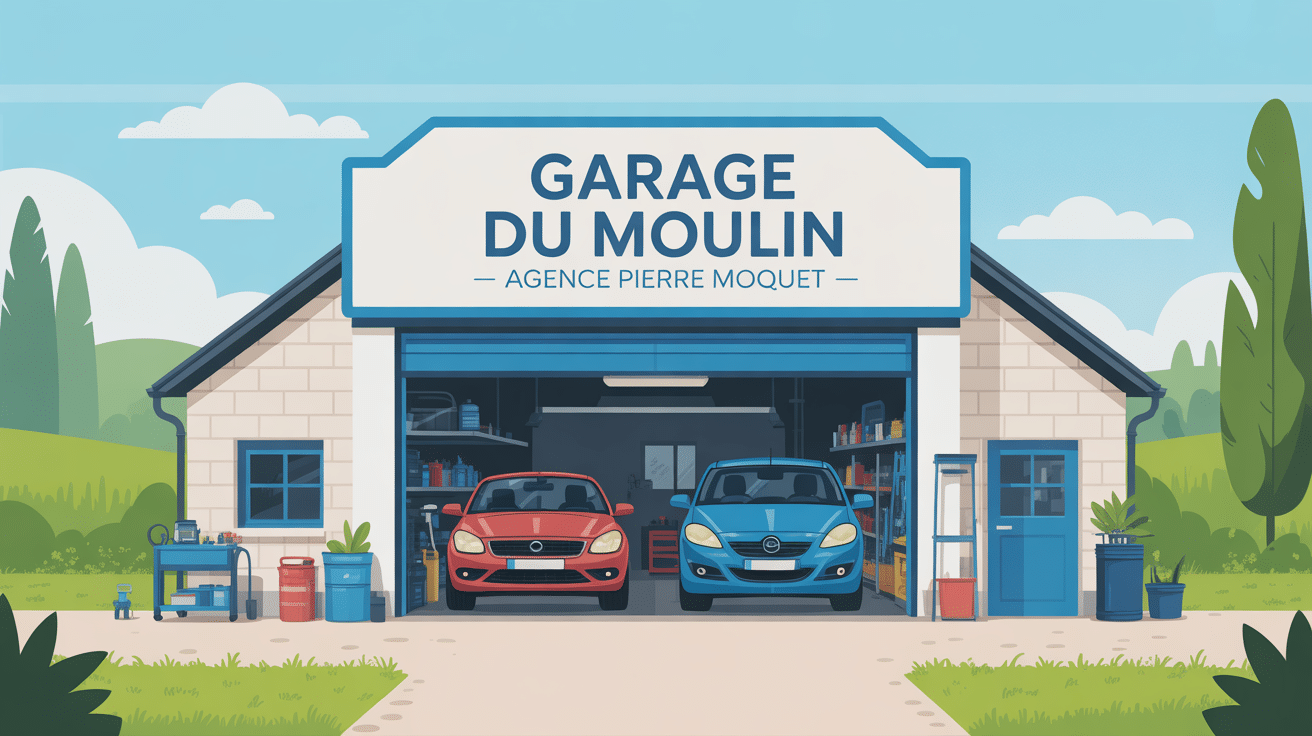 garage du moulin - agence pierre moquet devanture rurale illustrée