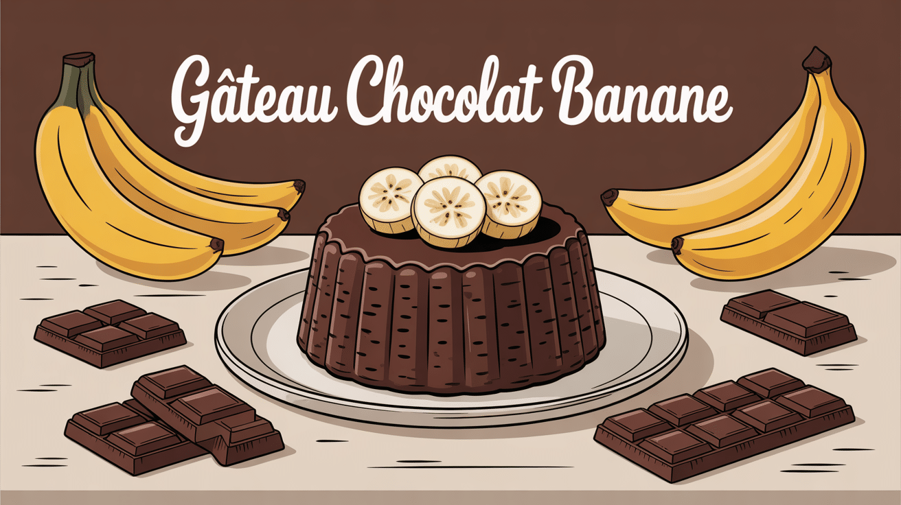 gateau chocolat banane moelleux sur table avec bananes et chocolat
