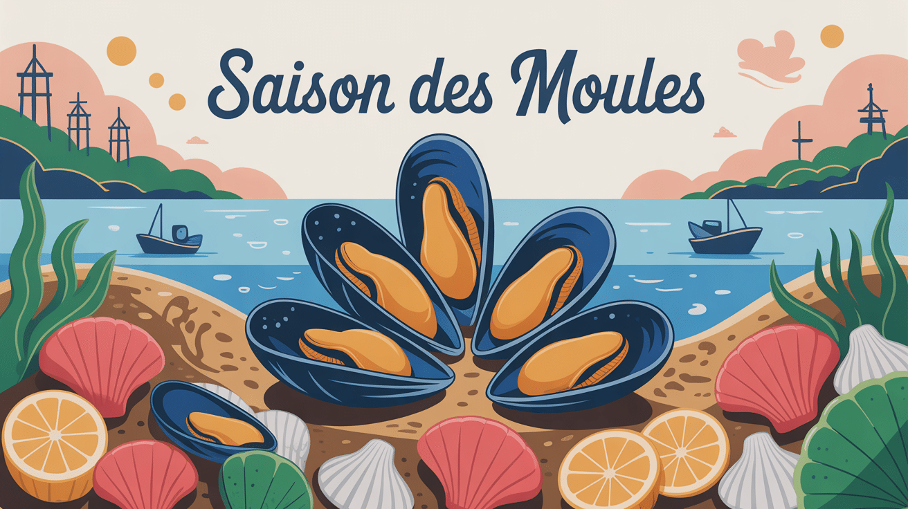 Illustration moderne saison des moules avec bouchots et coquillages