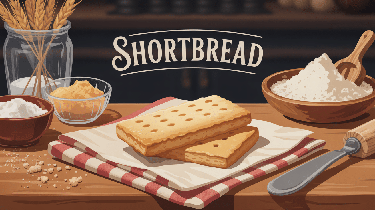 shortbread écossais doré avec beurre sucre farine sur nappe à carreaux