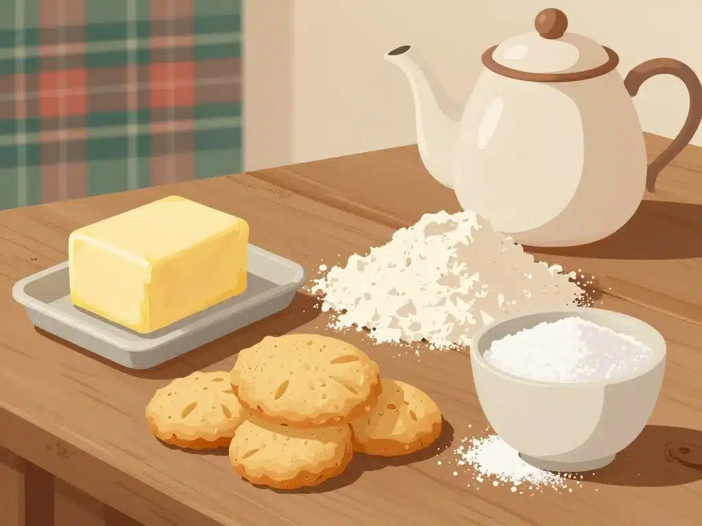 ingrédients shortbread écossais beurre farine sucre sur table rustique