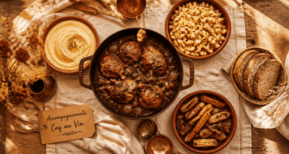 accompagnement coq au vin sur table rustique