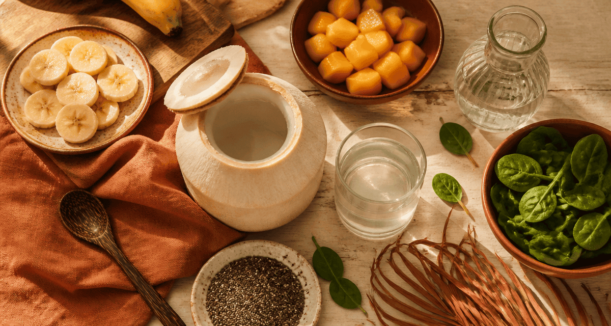 Bienfait de l eau de coco noix ouverte et fruits