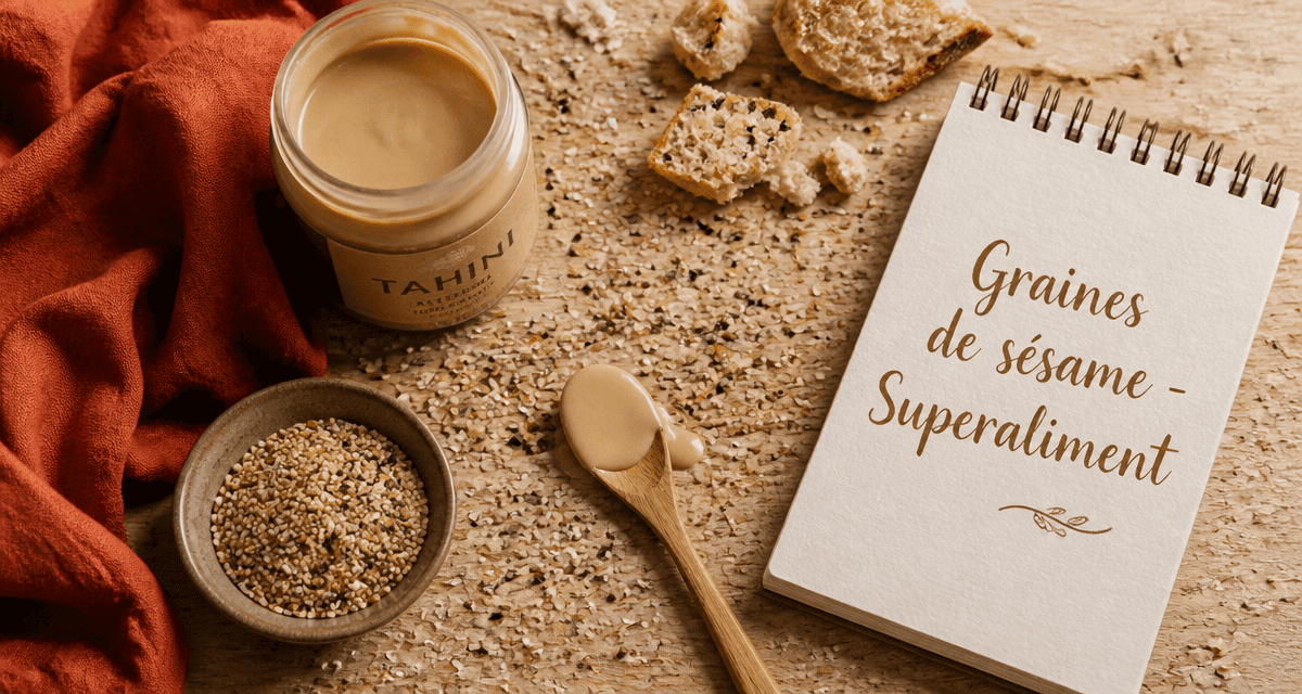 Bienfaits des graines de sesame, table avec graines, tahini, gomasio