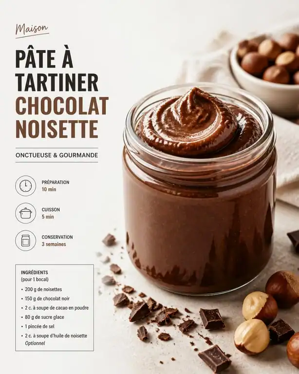 Pâte à tartiner healthy maison chocolat noisette dans un bocal en verre