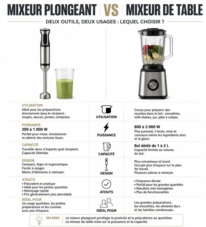 Infographie comparative : différence entre mixeur plongeant et blender pour choisir son appareil de cuisine