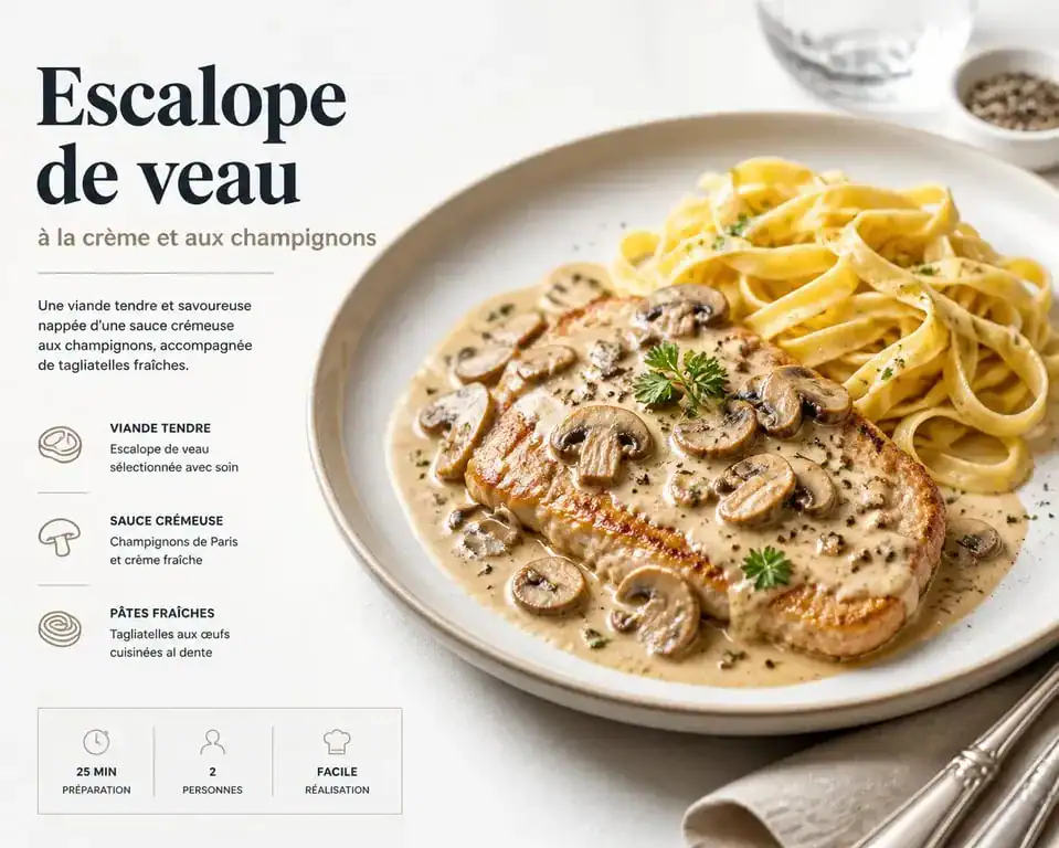 Escalope de veau à la crème et ses tagliatelles, un accompagnement idéal pour sublimer votre viande.