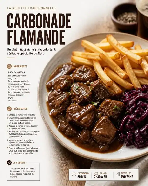Assiette de carbonade flamande traditionnelle avec ses frites maison et chou rouge pour un accompagnement réussi