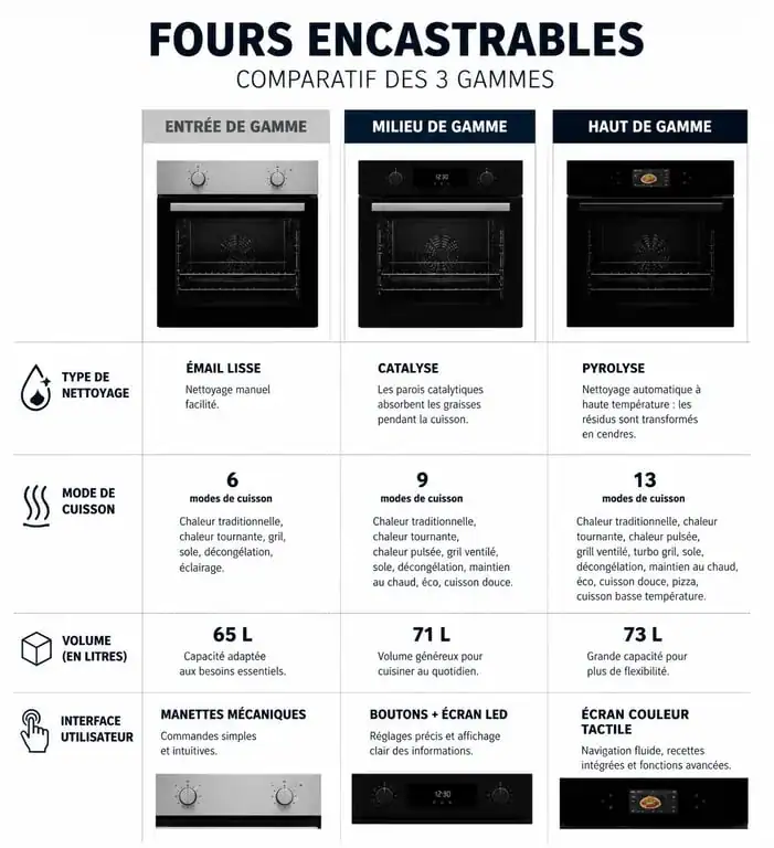Infographie comparative des caractéristiques techniques pour choisir le meilleur four encastrable selon les gammes