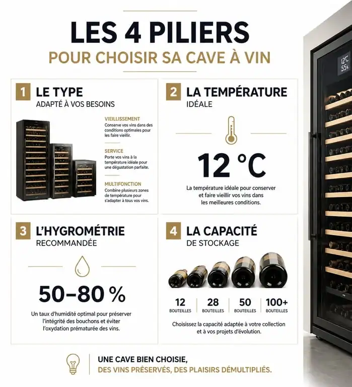 Infographie des critères techniques pour choisir sa cave à vin : température, hygrométrie et capacité