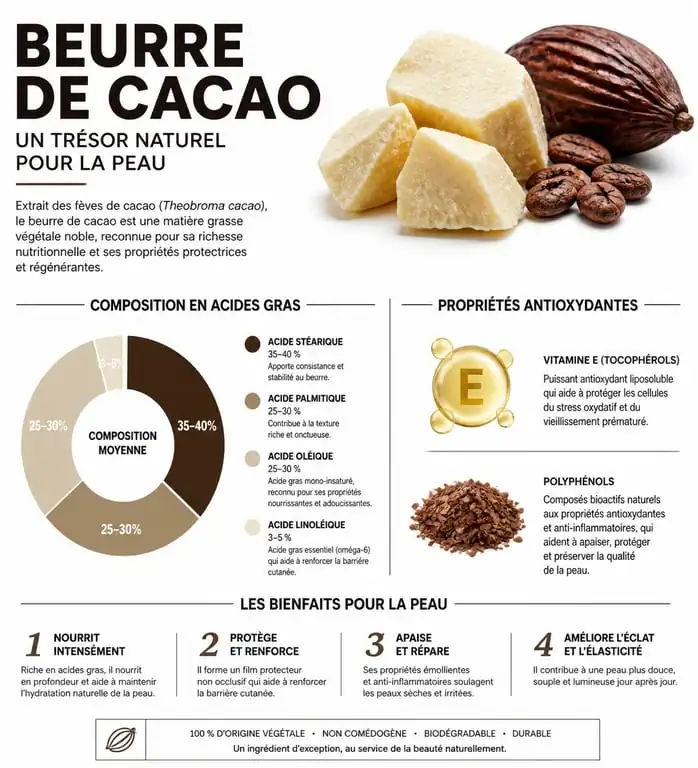 Infographie des bienfaits du beurre de cacao pour la peau et les cheveux