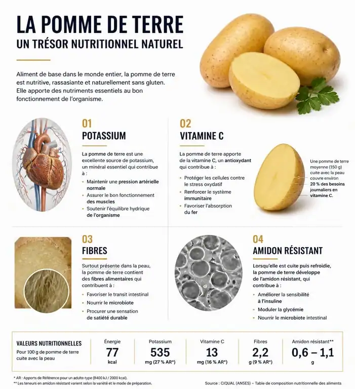 Infographie des bienfaits nutritionnels de la pomme de terre : potassium, vitamine C et fibres