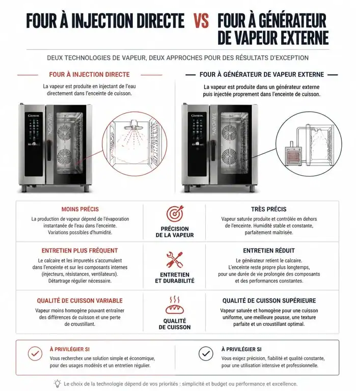 Comparatif technique four vapeur injection directe vs générateur externe pour choisir le meilleur four vapeur