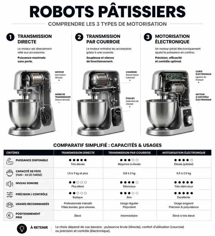 Infographie comparative des robots pâtissiers : motorisation et critères de choix pour votre robot pâtissier