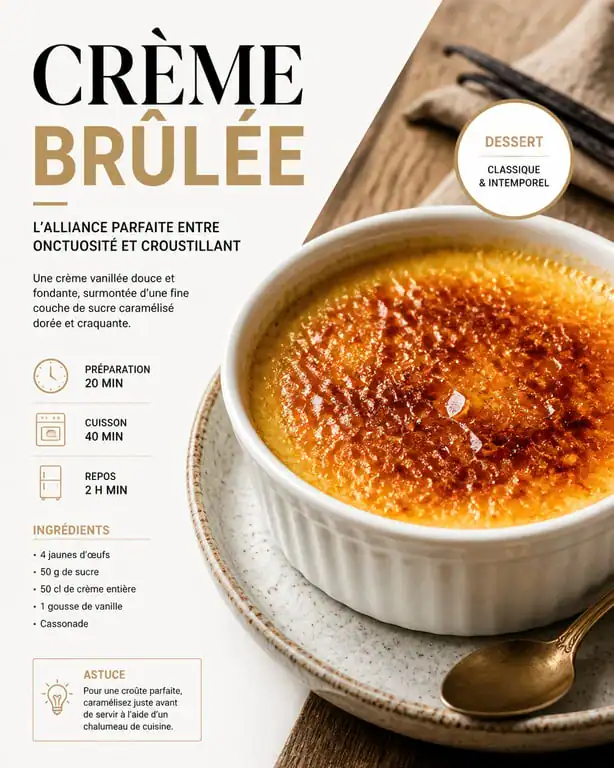 Crème brûlée maison avec une croûte de sucre caramélisée parfaite