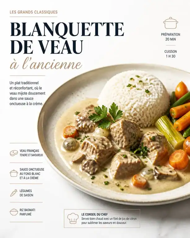 Blanquette de veau traditionnelle et son accompagnement de riz basmati et légumes