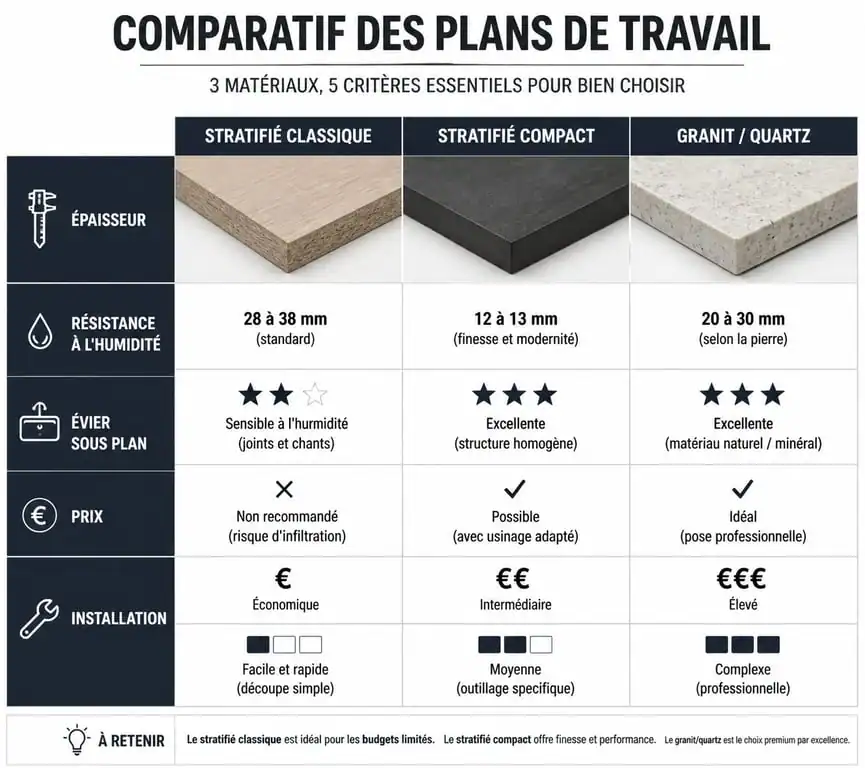 Comparatif des matériaux de plan de travail : stratifié, compact et granit pour votre cuisine