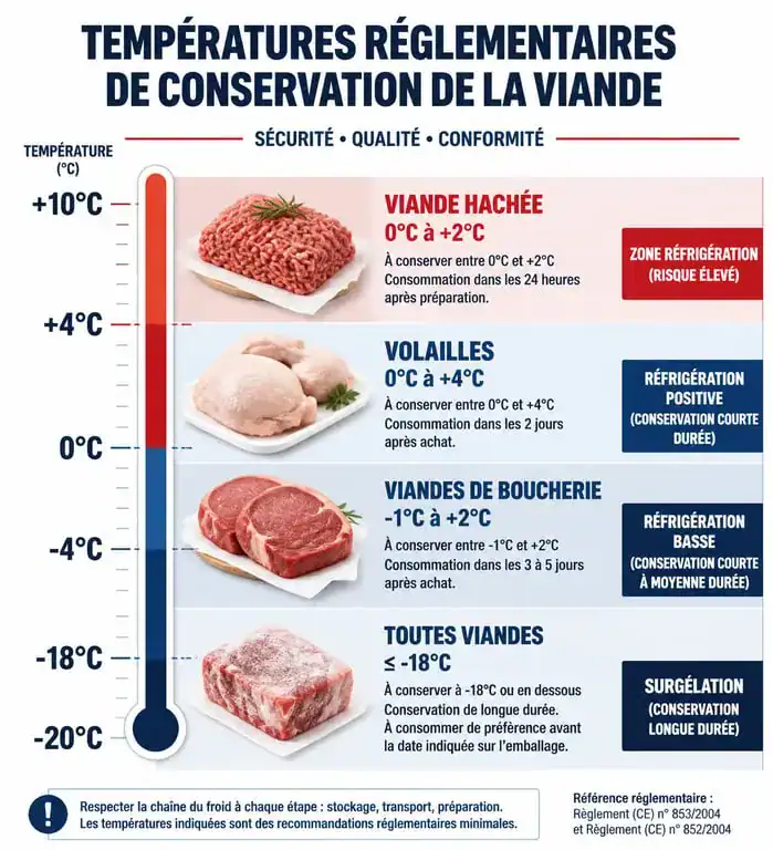 Infographie des températures réglementaires de la chaîne du froid pour la viande