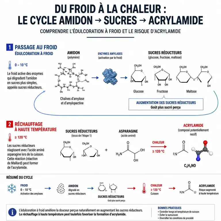Infographie expliquant la formation d'acrylamide et la transformation de l'amidon dans la pomme de terre cuite au frigo