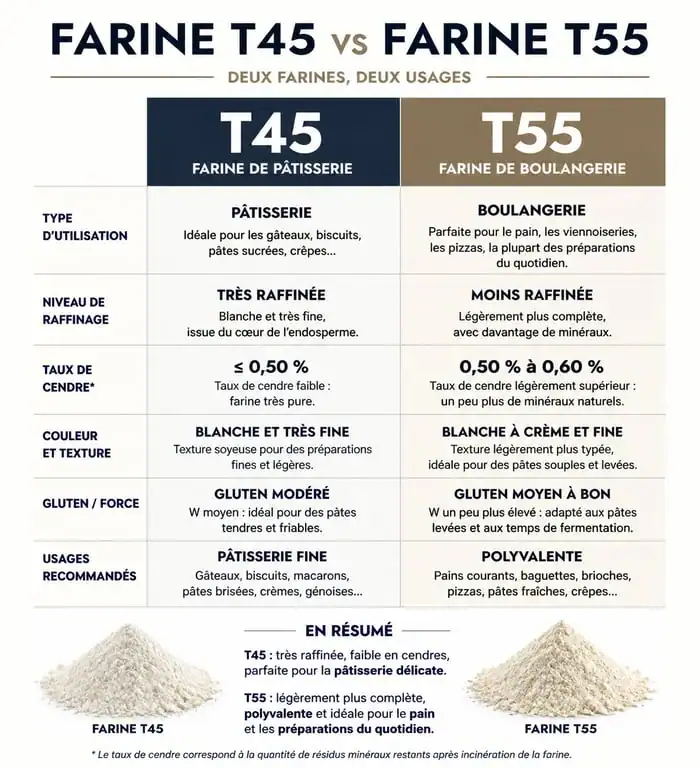 Infographie comparative des caractéristiques et usages de la farine T45 et T55