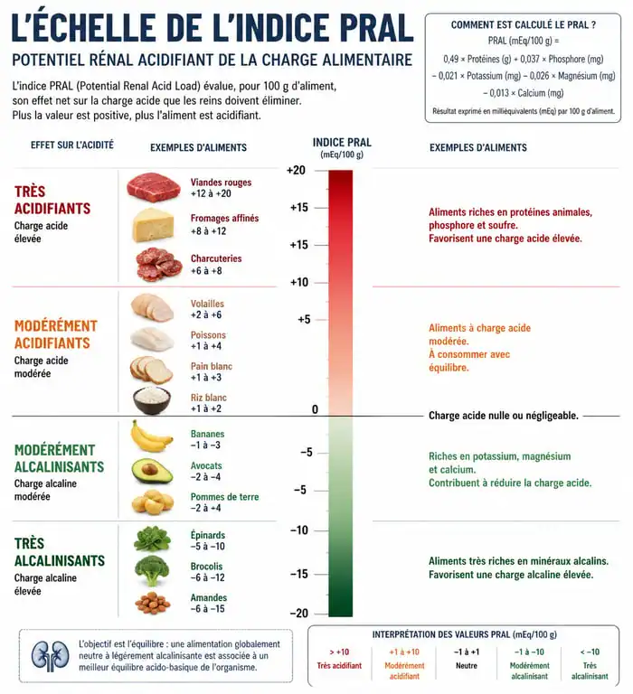 Échelle de l'indice PRAL pour classer les aliments acides et basiques selon leur effet métabolique