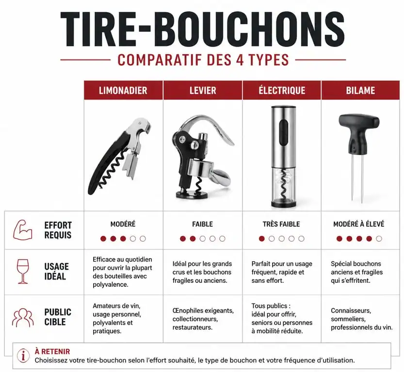 Infographie comparative des meilleurs tire-bouchons par type et usage