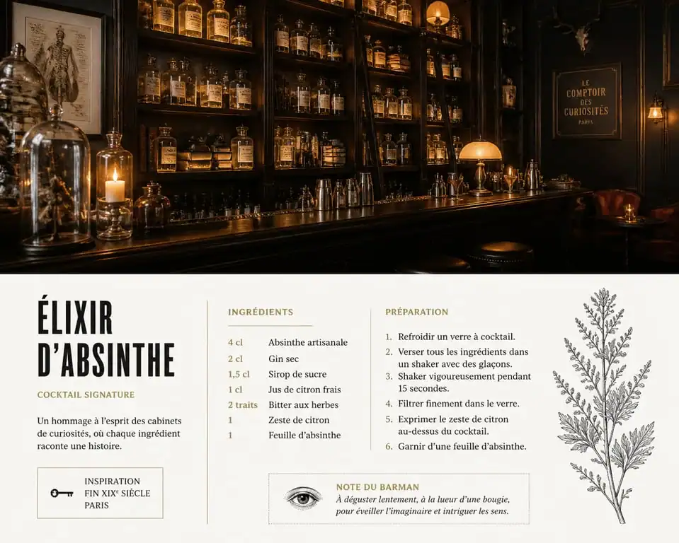 Ambiance mystérieuse et décor de cabinet de curiosités du bar Liquorium à Paris