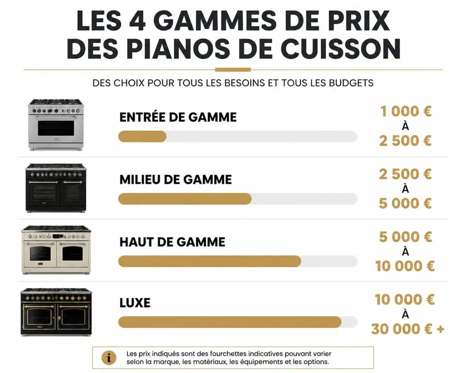 Infographie comparative des prix des pianos de cuisson par gamme