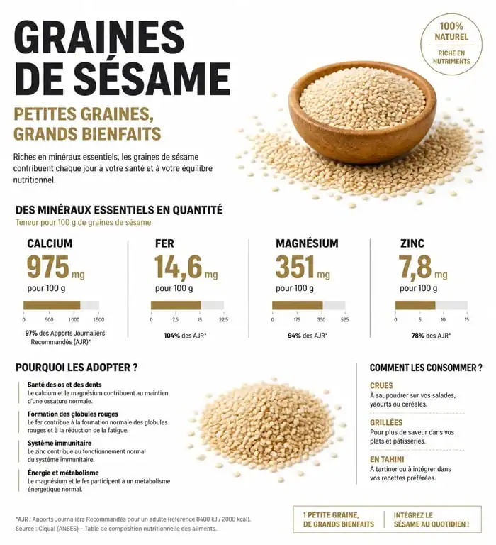 Infographie des bienfaits nutritionnels et apports en minéraux des graines de sésame