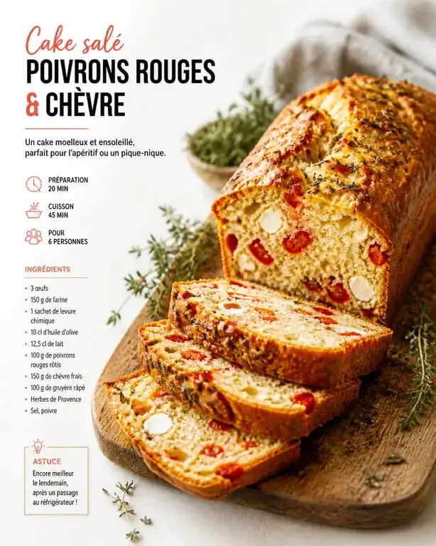 Recette de cake poivron chèvre maison, tranché sur une planche en bois