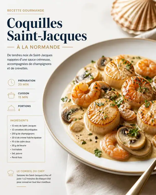 Recette de Saint-Jacques à la normande dans une assiette élégante