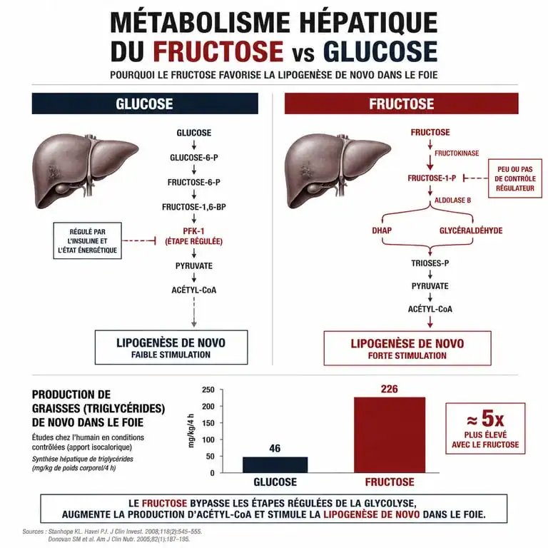 Infographie expliquant l'impact métabolique du fructose et du sirop d'agave sur le foie