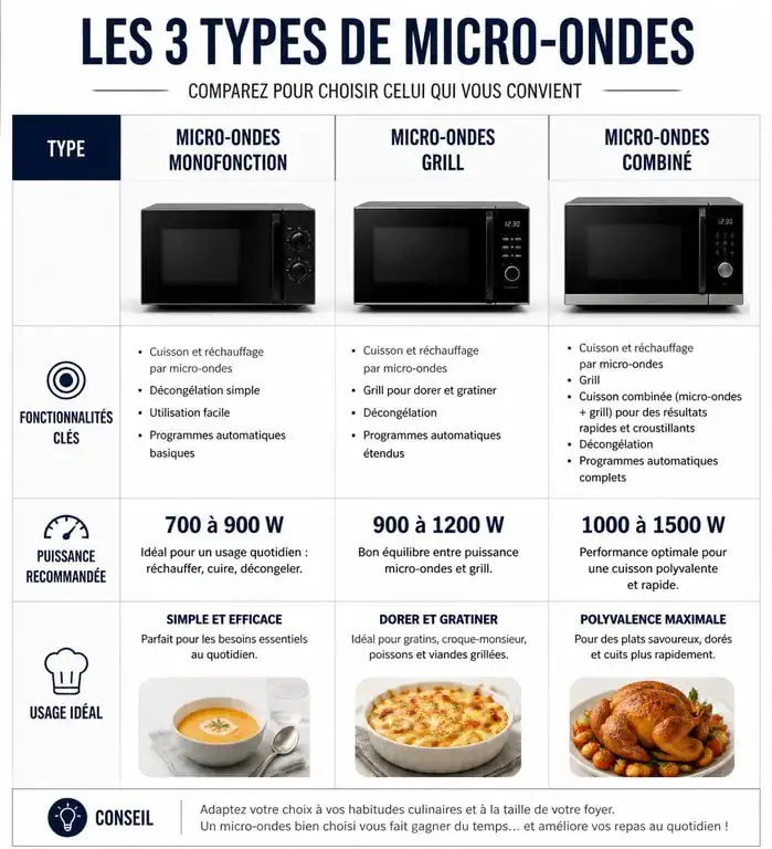 Infographie comparative pour choisir son micro-ondes : monofonction, grill ou combiné