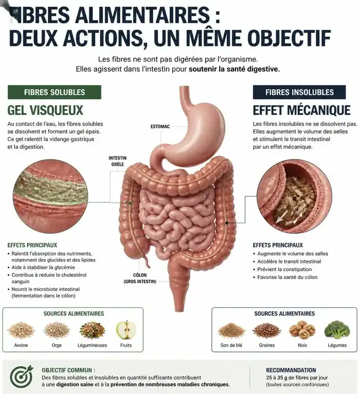 Infographie sur le rôle des fibres alimentaires solubles et insolubles pour soulager la constipation