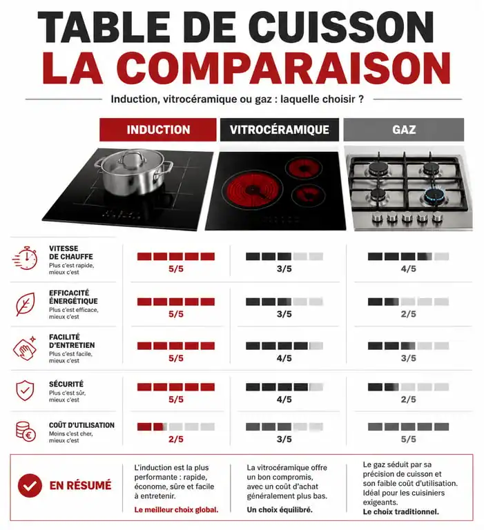 Comparatif des technologies de plaque de cuisson : induction, vitrocéramique et gaz