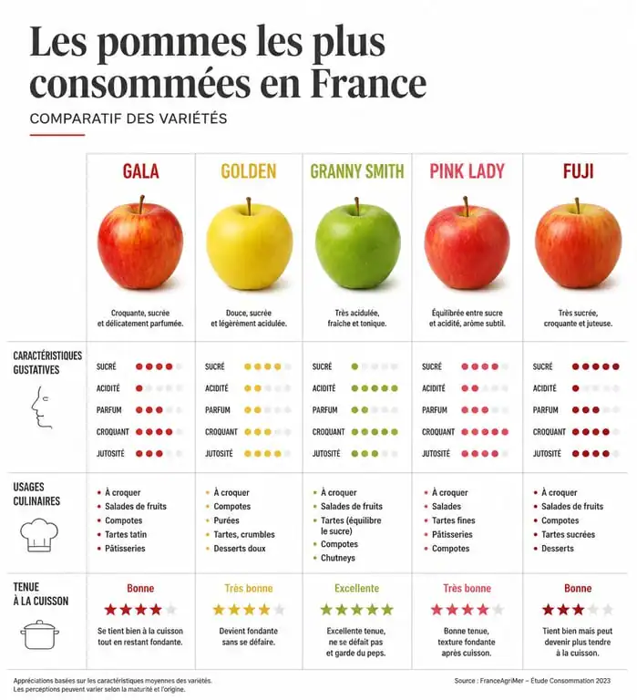 Infographie comparative des variétés de pommes les plus consommées : Gala, Golden, Granny Smith, Pink Lady et Fuji