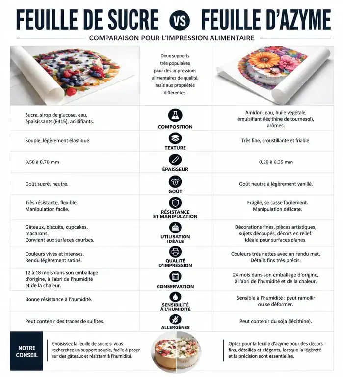 Comparatif des supports pour impression alimentaire : feuille de sucre vs feuille d'azyme pour gâteau