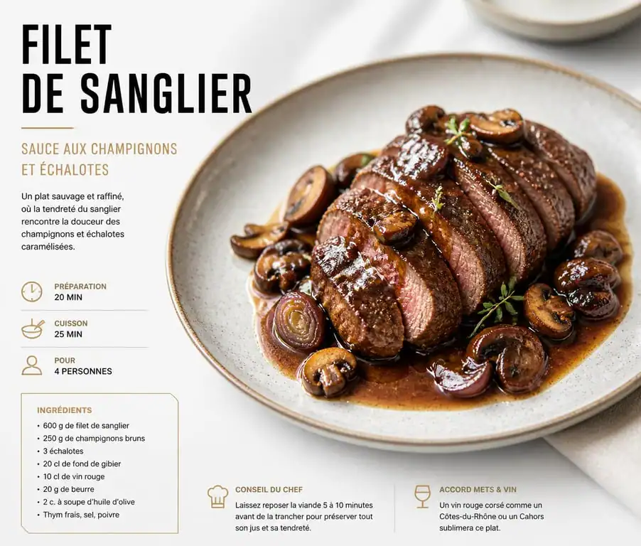 Recette filet de sanglier à la poêle dressé sur assiette