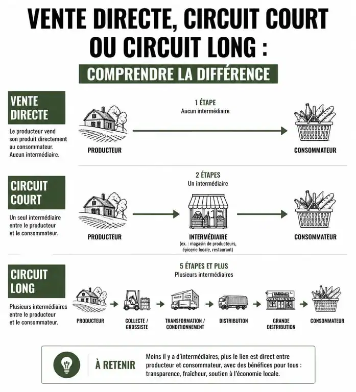 Schéma explicatif des circuits de distribution alimentaire : vente directe, circuit court et circuit long.