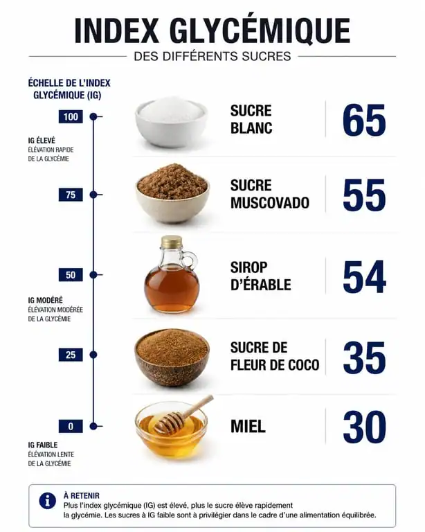 Infographie comparative de l'index glycémique des sucres pour choisir le meilleur sucre pour la santé
