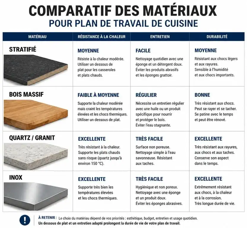 Tableau comparatif des matériaux pour plan de travail de cuisine 80 cm de profondeur