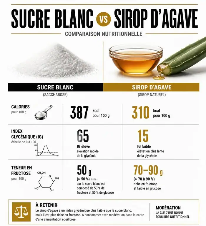 Infographie comparative nutritionnelle entre le sucre blanc et le sirop d'agave pour la santé