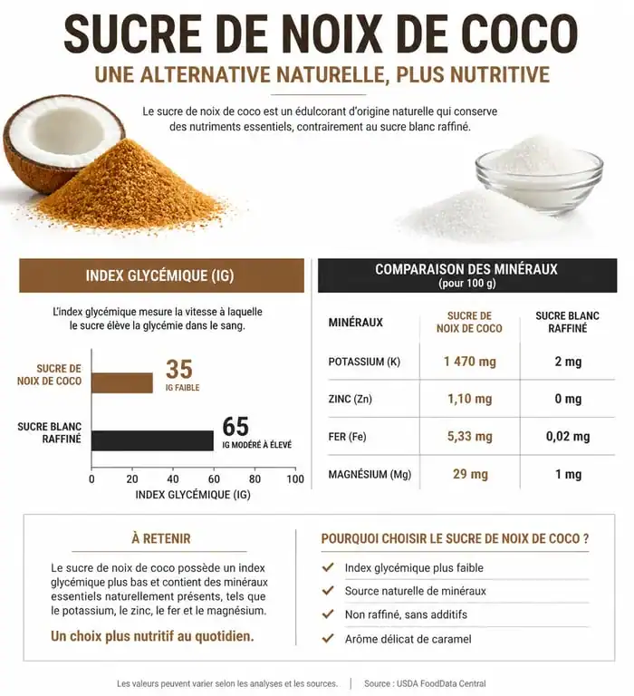 Infographie comparative des bienfaits nutritionnels et de l'index glycémique du sucre de noix de coco par rapport au sucre blanc