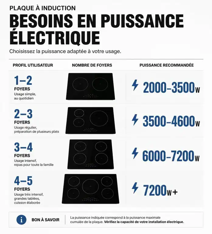 Infographie comparant la puissance recommandée pour une plaque à induction selon le nombre de foyers et le profil utilisateur
