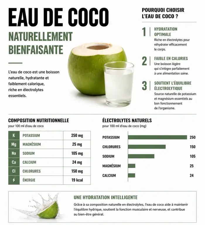 Infographie des bienfaits de l'eau de coco pour la santé et la récupération sportive