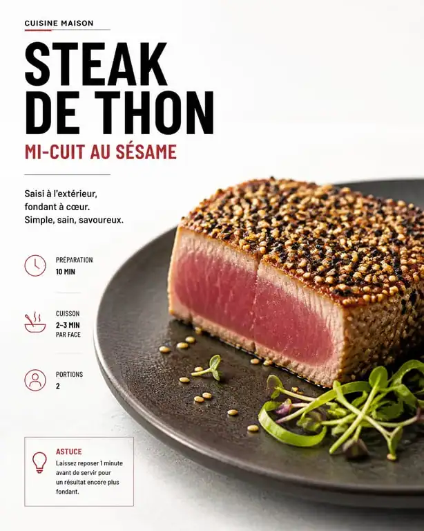 Steak de thon mi-cuit saisi à la poêle avec croûte de sésame pour une cuisson réussie