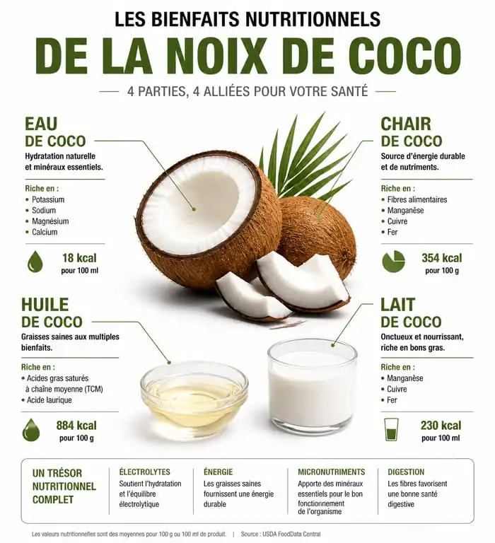 Infographie sur les bienfaits de la noix de coco : comparaison des apports nutritionnels de l'eau, de la chair, de l'huile et du lait de coco.