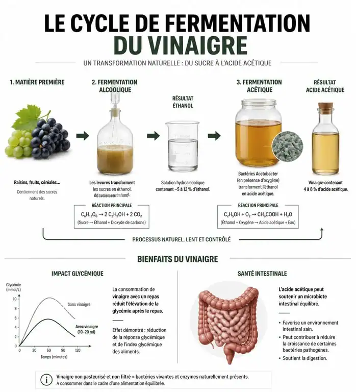 Infographie sur les bienfaits du vinaigre et son processus de fermentation